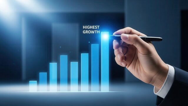 A hand in a suit sleeve uses a pen to touch a glowing blue bar chart showing upward financial progress with the text highest growth