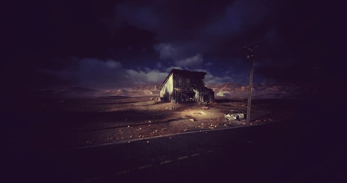 lonely shack under stormy sky with telephone pole and scattered debris, moody illumination creates cinematic isolation and haunting atmosphere