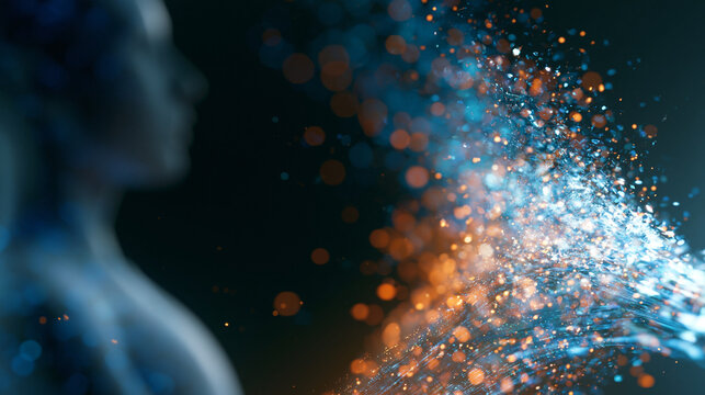 Abstract human figure shattering into glowing fragments and digital particles, disintegration concept, data destruction, identity collapse, sci-fi digital art, dark background,