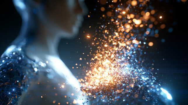 Abstract human figure shattering into glowing fragments and digital particles, disintegration concept, data destruction, identity collapse, sci-fi digital art, dark background,