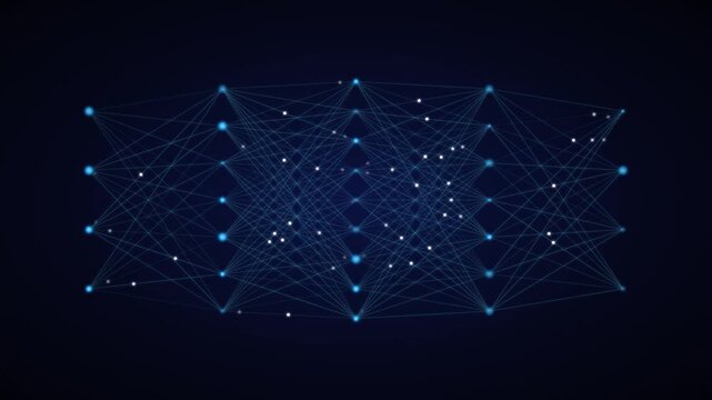 Neural network visualization with glowing blue nodes, artificial intelligence deep learning concept, digital data connection mesh on dark background