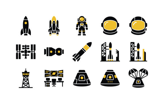 Collection of stylized icons representing space exploration and technology