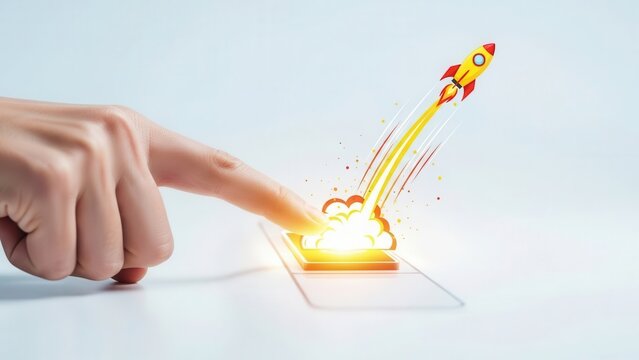 A human finger pressing a glowing orange button that launches a yellow and red rocket ship into the air with a trail of smoke