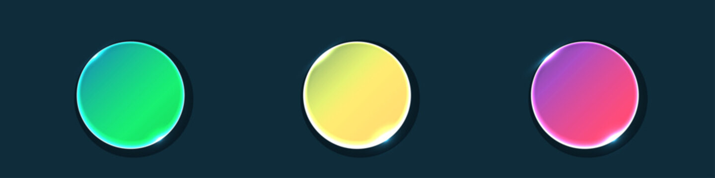 Abstract glassmorphism circles set in a modern glowing style for interface design. These translucent round icons feature vibrant gradients and frosted texture for web and mobile apps.