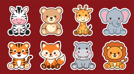 Obraz premium Adorable jungle animal sticker vector collection featuring zebra, teddy bear, giraffe, elephant, tiger, fox, hippo, and lion in kawaii cartoon style
