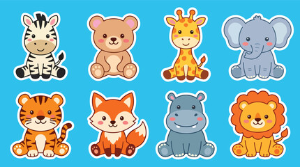 Obraz premium Adorable jungle animal sticker vector collection featuring zebra, teddy bear, giraffe, elephant, tiger, fox, hippo, and lion in kawaii cartoon style