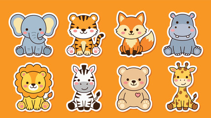 Fototapeta premium Adorable jungle animal sticker vector collection featuring zebra, teddy bear, giraffe, elephant, tiger, fox, hippo, and lion in kawaii cartoon style