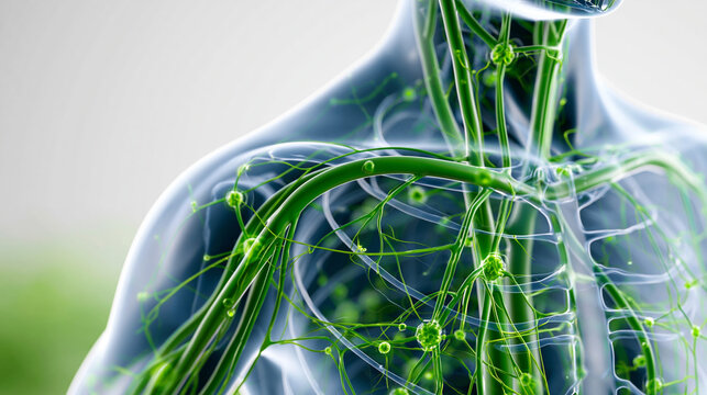 Lymphatic system anatomy illustration with nodes ducts and vessels mapped across a transparent body figure, immune system concept, medical education, clinical reference, isolated