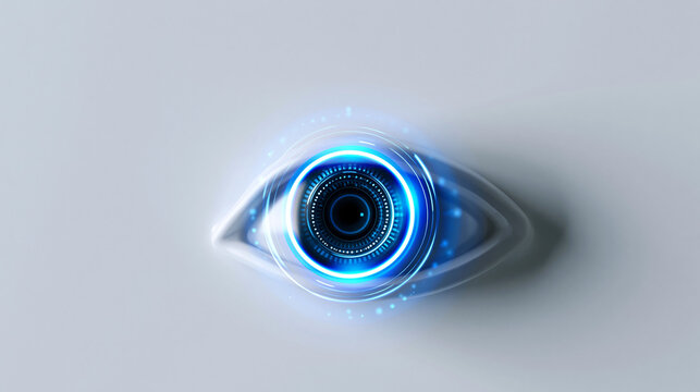 Stylized glowing eye illustration isolated on white background, symbolic vision concept, digital identity, clean vector-style art, surveillance or AI theme, minimal composition,