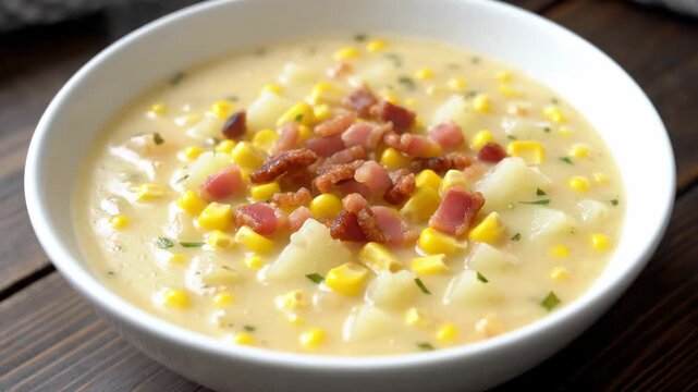 Close-up of creamy corn chowder with bacon and parsley in a white bowl