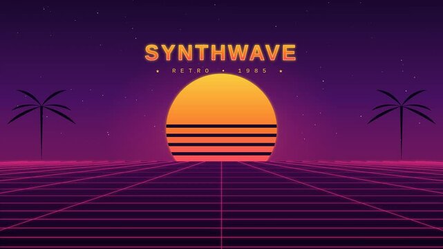 Synthwave retro loop background, 80s aesthetic neon sunset with palm trees, futuristic vaporwave grid landscape with glowing sun