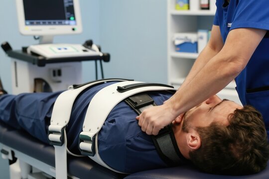 Therapist uses spinal decompression machine to help patient with back pain. Man lies on table, receives treatment for spine relief. Equipment monitors progress on screen.