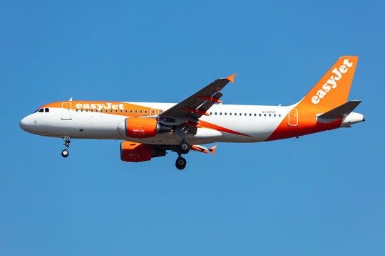 easyJet Airbus A320 (G-EZUF) landing at Budapest Ferenc Liszt International Airport on March 9, 2020 in Budapest, Hungary