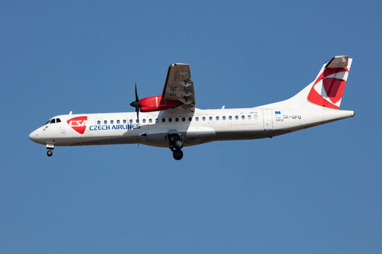 CSA Czech Airlines ATR 72 (OK-GFQ) landing at Budapest Ferenc Liszt International Airport on March 9, 2020 in Budapest, Hungary