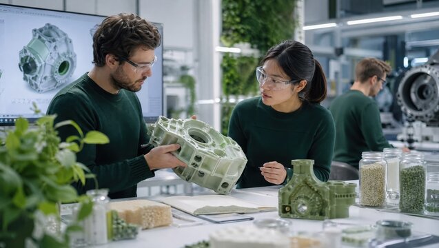 Engineers collaborate in a hightech lab prototyping recyclable drive housings using sustainable biopolymers focusing on ecofriendly materials and innovative design methods.