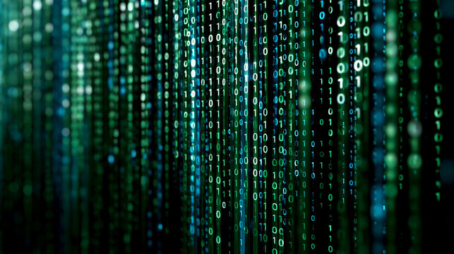 Abstract binary code waterfall flowing on dark background, programming and hacking concept, matrix data stream, digital security, green and blue tones, tech aesthetic, with copy