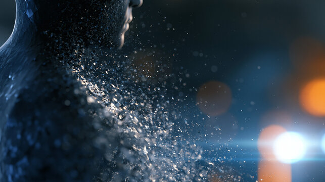 Abstract human figure crumbling and dissolving into scattered particles and dust, destruction and transformation concept, cinematic digital art, dark dramatic background, sci-fi