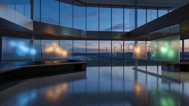 Modern renewable energy control room interior with transparent glass display screens overlooking wind turbines and solar panels through floor to ceiling windows at twilight symbolizing smart grid mana