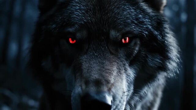 Intense black wolf face with glowing red eyes in darkness