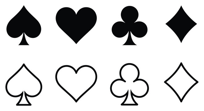 Poker Card Suits: A graphic representation of the four suits in a deck of cards. Gambling symbols, playing cards, game elements, casino design, gaming icons.