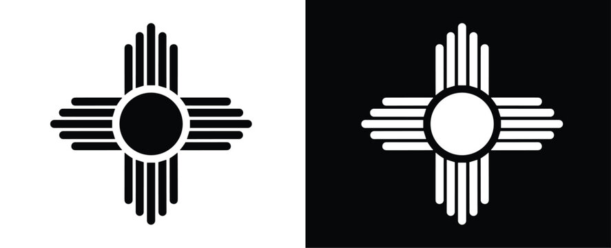 New Mexico State Flag: The Zia symbol of the New Mexico state flag is presented in a modern, graphic style. geometric design, state emblem, cultural icon, southwest symbol.