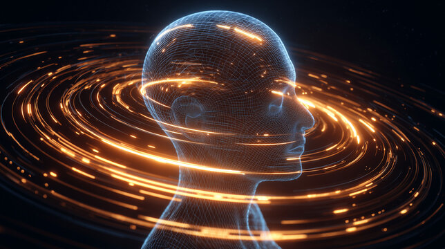 3D wireframe human head in profile with rotating orange light rings and motion blur on dark cinematic background