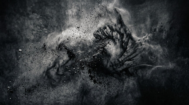 Dynamic abstract black and white cloud of fine particles dispersing vigorously, creating a mystical and chaotic atmospheric effect reminiscent of cosmic dust or smoke