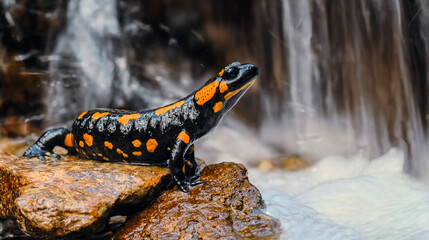 Obraz premium Striking fire salamander on a rock by a waterfall. High-quality wildlife photo with vibrant orange spots and sharp detail. Perfect for nature lovers and digital art