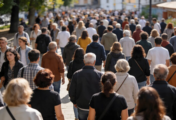 Fototapeta premium Large crowd of diverse people walking on street, bustling city scene, urban lifestyle.