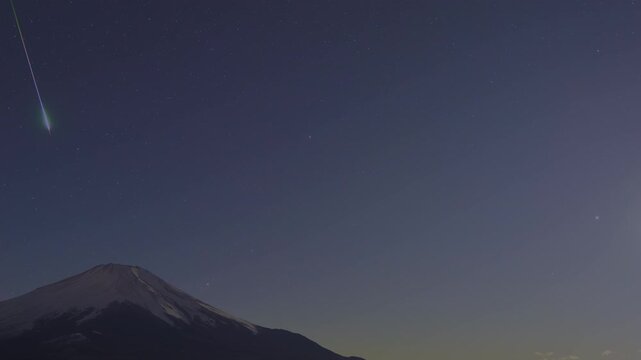 (HDR PQ 2100 10bit 4:4:4) - 4K Timelapse Meteor Burnout with Expanding Smoke Trail and Orion Setting over the Ridge of Mount Fuji under a Moonlit Night Sky &ndash; ProRES4444XQ