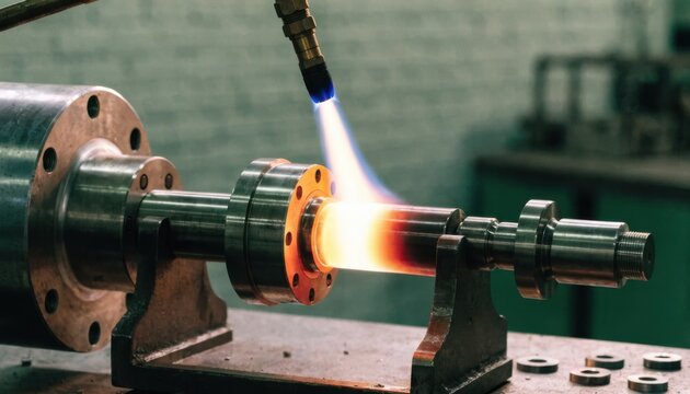 Medium shot of localized heat treatment on a pump shaft featuring a concentrated flame applied to a specific section illustrating targeted hardening for enhanced durability.