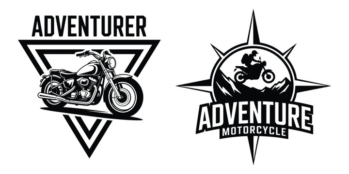 Adventure Motorcycle Biker Logo Set, Triangle Frame Adventurer Compass Star Mountain Rider Silhouette, Professional Adventure Motorcycle Touring Club Logo Badge Template