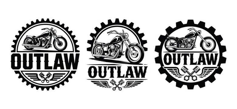 Professional Outlaw Motorcycle Biker Club Garage Badge Logo Template Set, Black White Gear Cog Chopper Styles Crossed Pistons Wings, Vintage Retro Monochrome Emblem Branding