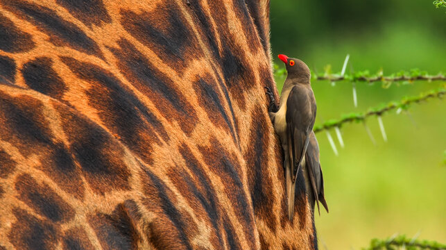 Red-billed oxpecker on a giraffe's neck. High-quality wildlife photography showcasing natural textures and symbiotic behavior. Perfect for nature lovers and digital prints