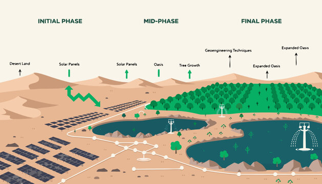 Desert Oasis Set, Solar Geoengineering Infographic, Climate Change Vector Collection