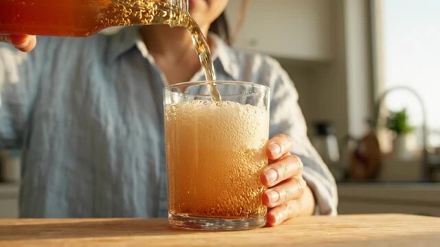 Woman pouring fresh homemade kombucha tea from a glass bottle into a glass in a bright sunlit kitchen healthy fermented probiotic beverage closeup of amber liquid with bubbles and carbonation
