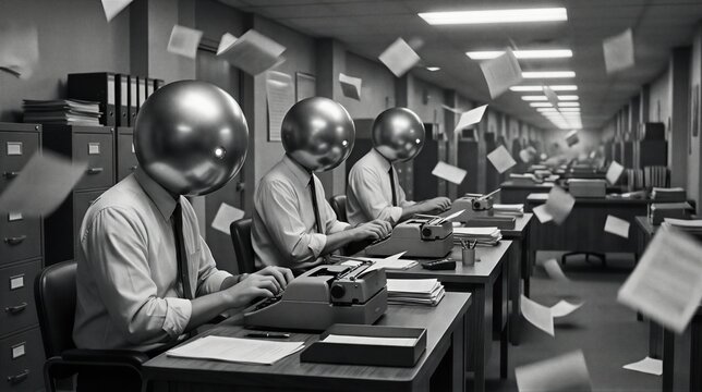 Surreal black and white office scene with metallic sphere-headed workers typing at desks amid flying papers. Vintage dystopian bureaucracy in a long fluorescent-lit corridor
