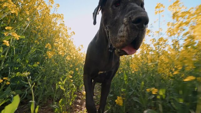 Black Great Dane Close Portrait Rapeseed Blooming Field Spring Sunlight Golden Rays Slow Motion Wide Angle Low Angle Face Nature Freedom Pet Love Care Lifestyle Outdoor 