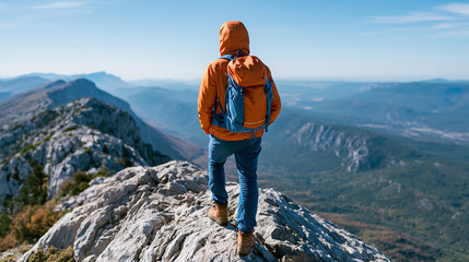 Fototapeta premium Rear view of an alpinist on a summit in Provence France overlooking a spectacular landscape, solo mountaineer summit concept, Provence mountain photography, Alpine achievement,