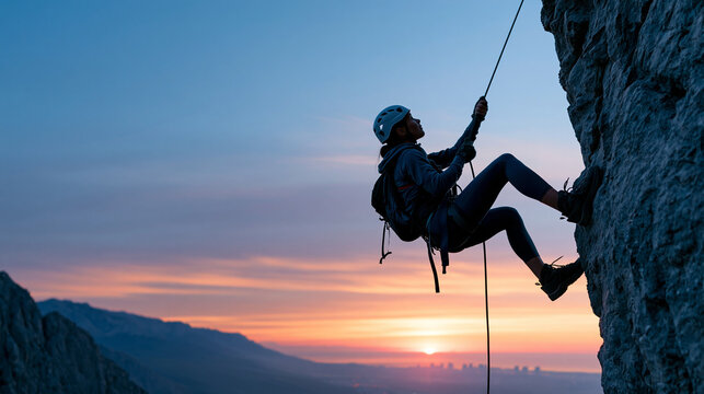 Close-up of a climber's silhouette rappelling down a steep mountain cliff at vibrant sunset, rappel silhouette concept, sunset rock climbing photography, adventure and freedom
