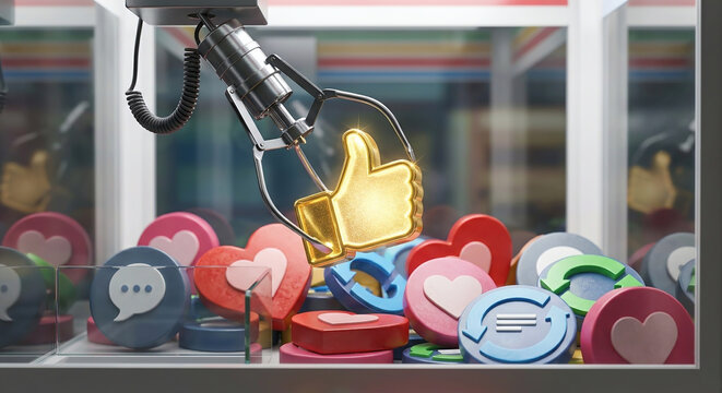 Claw machine game capturing a golden "Like" thumb icon among social media symbols, concept of social media validation and addiction.