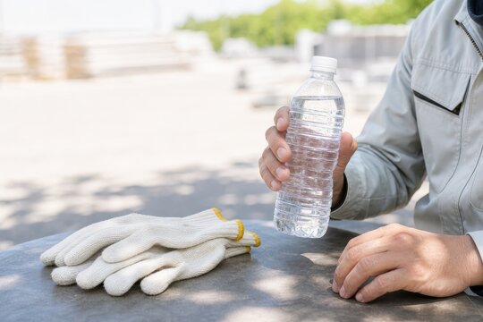 作業員が持つ水と手袋の熱中症対策
