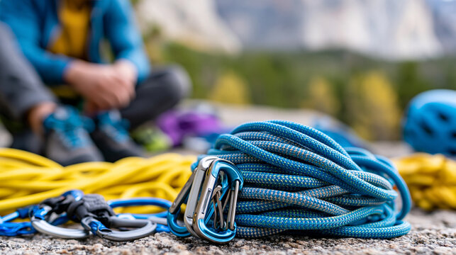Rear view of an anxious mountaineer in Colorado surrounded by climbing gear on a boulder, tension and apprehension concept, boulder problem photography, psychological aspect of
