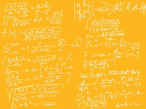 White handwritten math equations and formulas scattered on golden yellow background, science education seamless texture backdrop for design