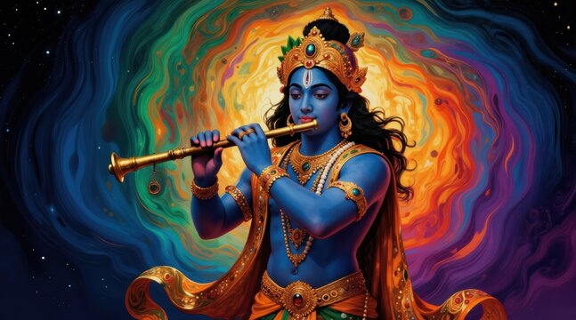 Blue skinned deity Krishna plays golden flute in vibrant cosmic swirl. Divinity, music, spirituality, Hindu culture, traditional art. Celestial scene. Energetic vibes.