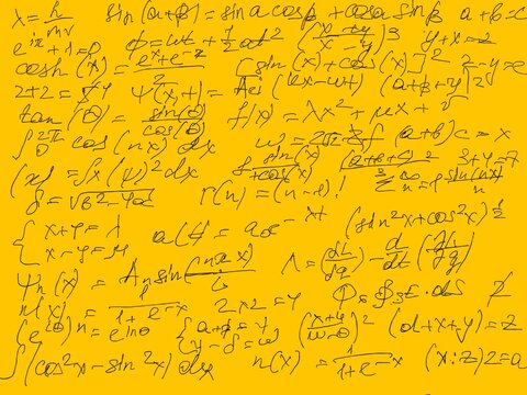 Handwritten mathematical formulas and equations on bright yellow background, science education concept, seamless math pattern texture backdrop