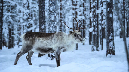 Obraz premium Majestic reindeer in a snowy winter forest. High-quality wildlife photography with serene natural lighting and sharp details. Perfect for holiday decor and digital prints