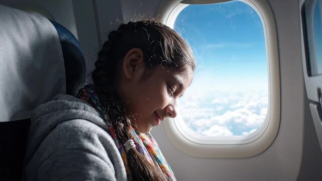 Young girl with a braid looking out of an airplane window at white clouds and blue sky, contemplative travel and journey concept