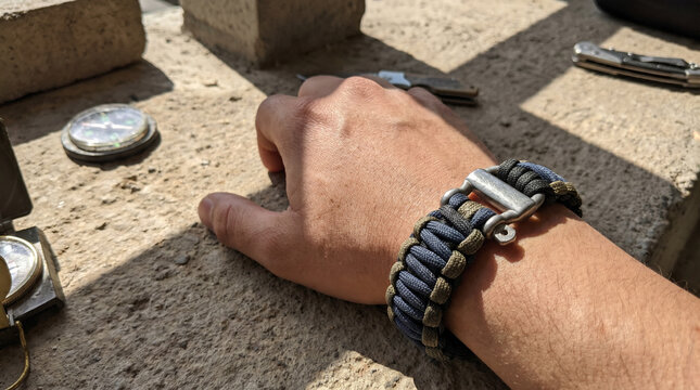 Hand wearing stylish paracord bracelet on stone surface outdoors  
