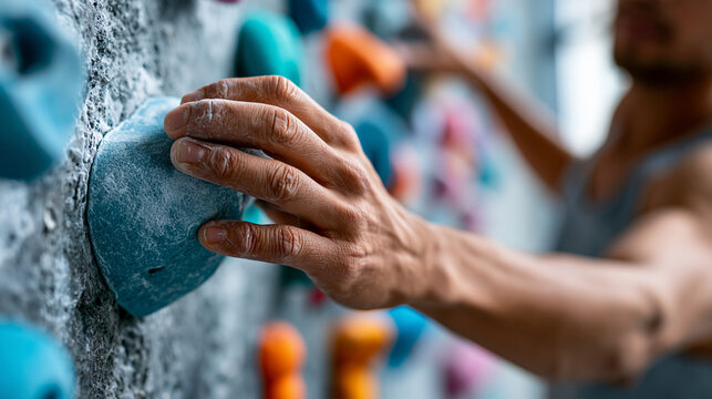 Close-up of a climber's hand gripping a hold on an indoor climbing wall during a bouldering session, indoor climbing concept, grip strength photography, sport climbing close-up,